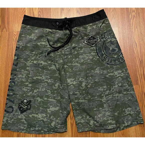 Affliction Board Shorts Mens 34 10" Green Digital Camo Swim Trunks Grunge Y2K - Picture 1 of 7